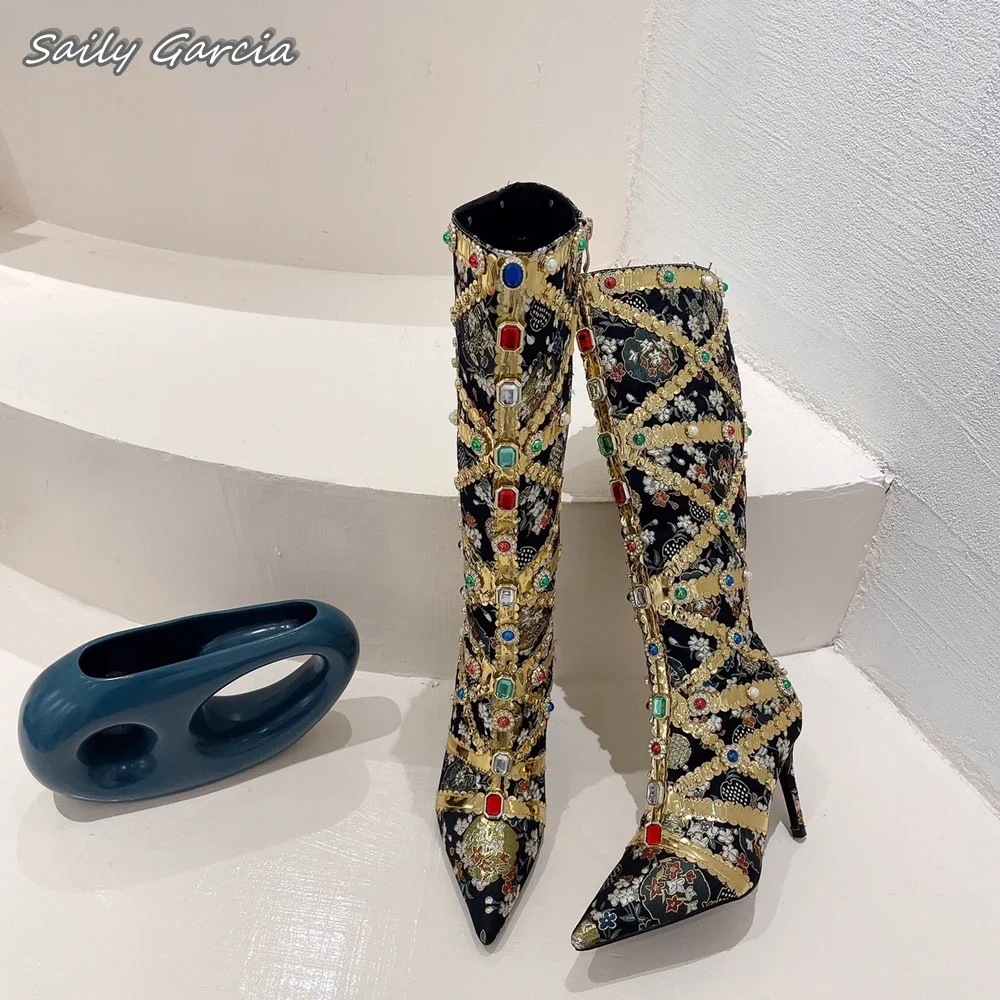 

Embroidered Ethnic Rhinestone Stiletto High Heel Boots 2024 NEW Fashion Luxury Pearl Modren Boots Pointed Toe Slip On Sexy Pumps