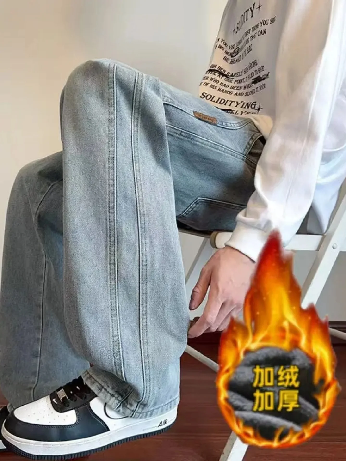 

Thiened Fce Men's Jeans Elastic Waist Loose Fit Winter Warm Straight Leg Long Pants Casual Comfortable Youthful Sle