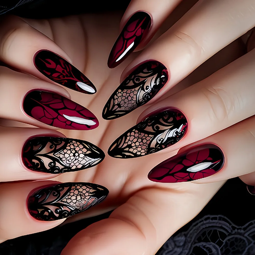 Medium fake nails for women dark red black colors flora print Almond shape nail tips full cover press on false nail  art set