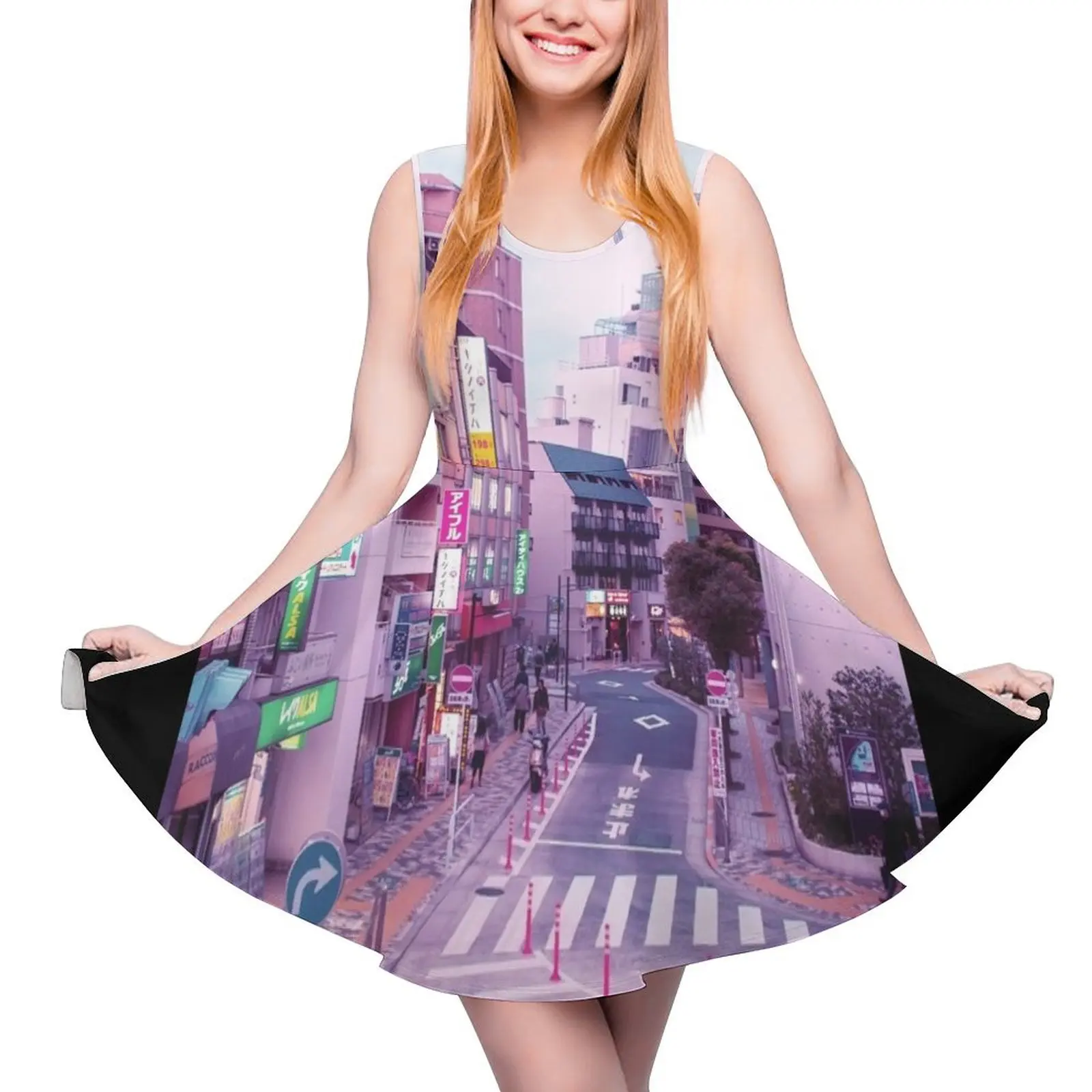 

Pink City Pop Aesthetic Tokyo Japan Poster Vaporwave lofi moody vibe Sleeveless Dress Evening gown dress dresses