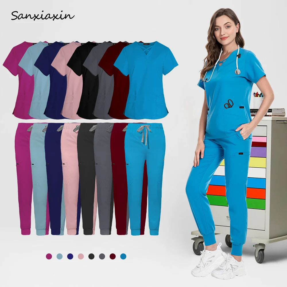 XS-2XL الخامس الرقبة الدعك القمم + السراويل قصيرة الأكمام الحيوانات الأليفة السريرية زي الطبيب بلون الأسنان مستشفى ممرضة فرك دعوى عمال