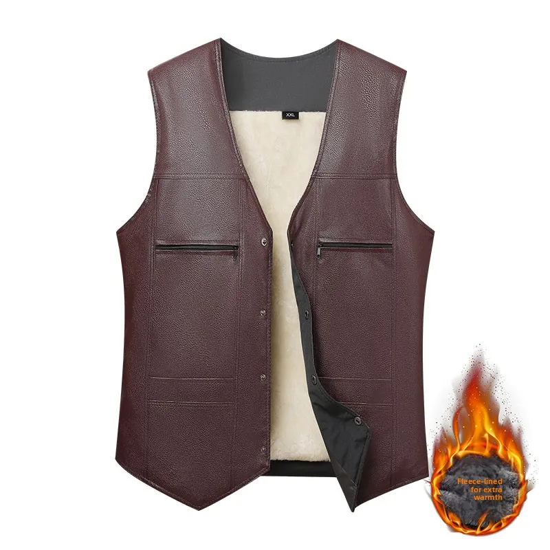 

High Quali Thiened Fce Lined Leather Vest for Men Vintage Retro Warm Inteated Fur Busin Casual Single Button