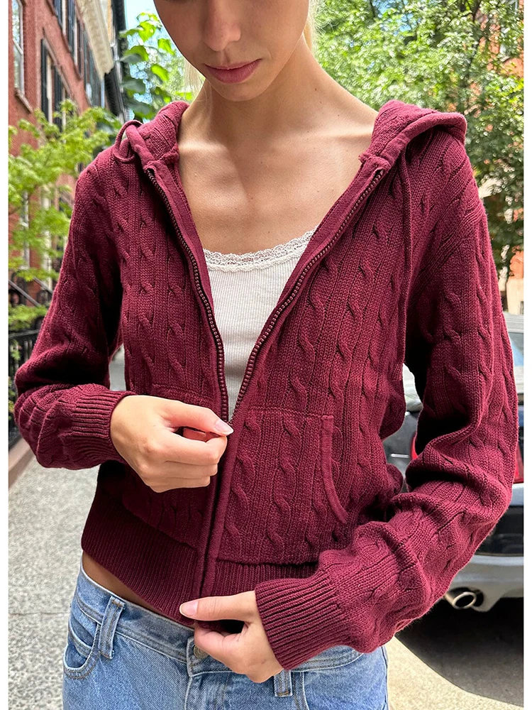 Twist Knitted Zip-up Cardigan Sweater Women Streetwear Cotton Pocket Hooded Sweaters Coat Autumn Vintage Sweet Slim Crop Top Y2k