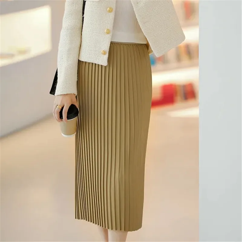 

2023 Spring Summer Skirts Womens Lines Temperament High Waist Mid-length All-match Pleated Skirt Faldas Aesthetic Jupe Femme