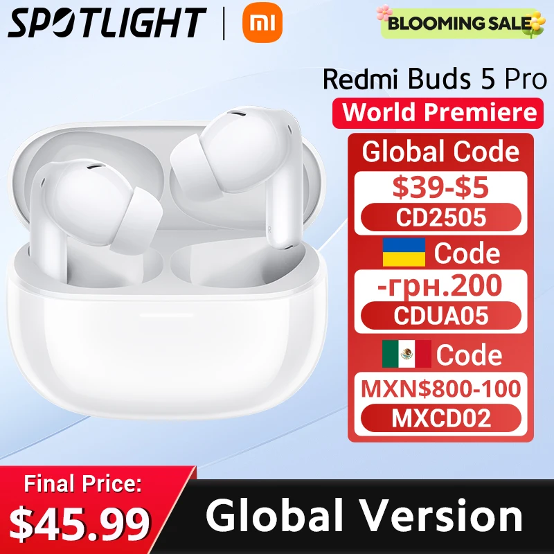 [รอบปฐมทัศน์โลก]Redmi Buds 5 Pro Global Version 52dB การตัดเสียงรบกวนสูงสุด 4kHz ความถี่กว้างพิเศษ อายุการใช้งานแบตเตอรี่ 38 ชั่วโมง