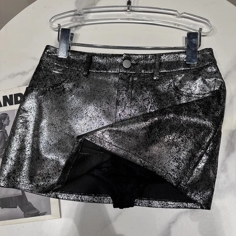 Autumn Silver Reflective Shiny Patent Pu Leather Mini Skirt Women High Waist Sexy Y2K Clothes 2000s Streetwear 2023 Korea