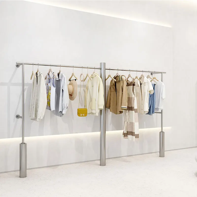 Stainless steel wall-mounted floor-standing side-hanging shelves, display racks, clothes racks, men's and women's clothing store