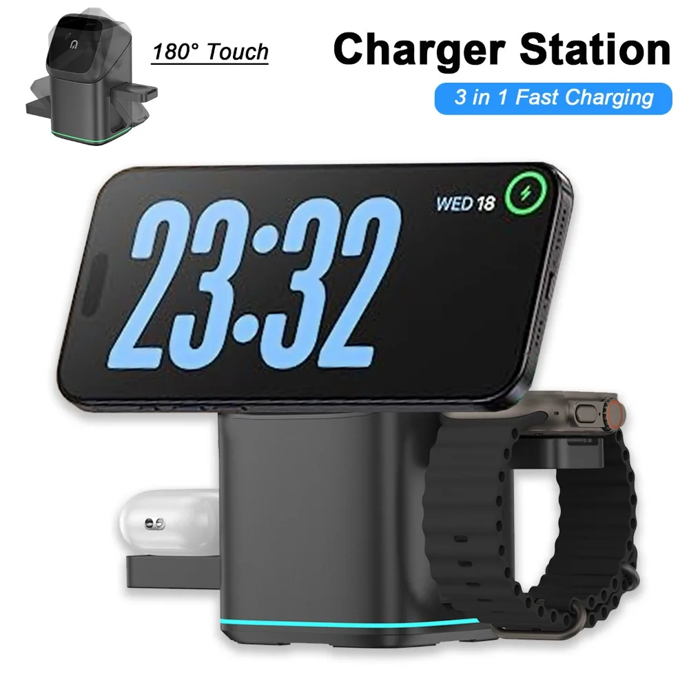 

3 in 1 Magnetic Wireless Charger Touch 180° Rotation Stand For iPhone 17 16 15 14 13 12 Apple Watch 11 AirPods Pro Fast Charging
