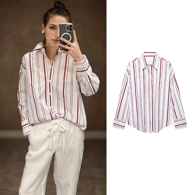 

Shirts Spring Women's 2025 New Chic Striped Loose Blouses Street Elegant Comfortable Young Women's Shirts and Tops