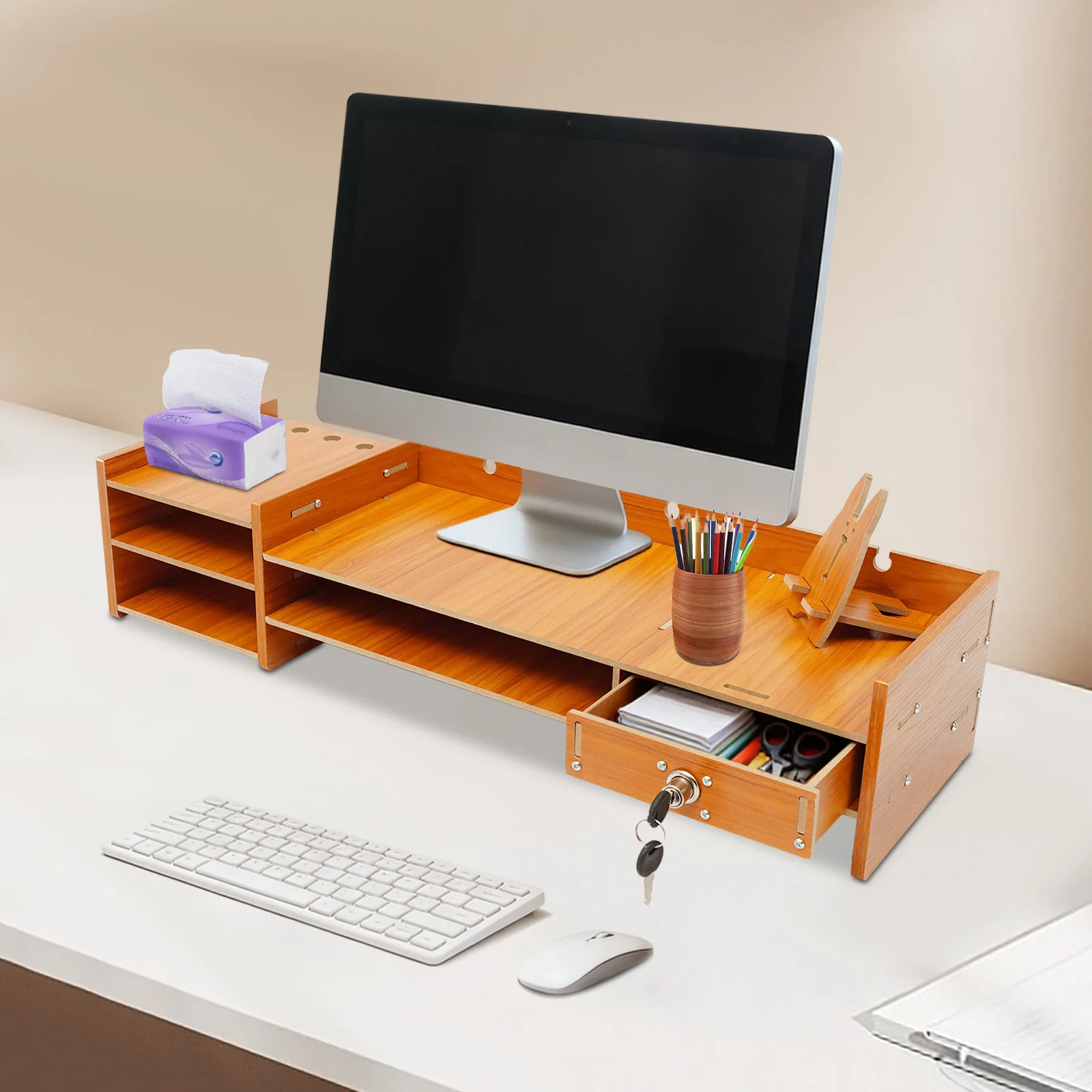 

Деревянный настольный органайзер, подставка с ящиками, домашний офис, настольное хранилище, держатель для монитора, подставка, держатель для компьютера