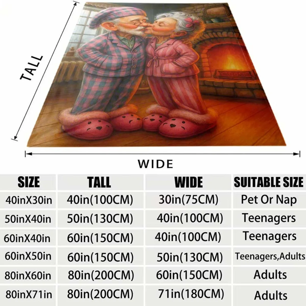 Romantic Elderly Couple Flannel Blanket Soft Comfortable Throw Blanket Warm Fireplace Grandparents Print Blanket