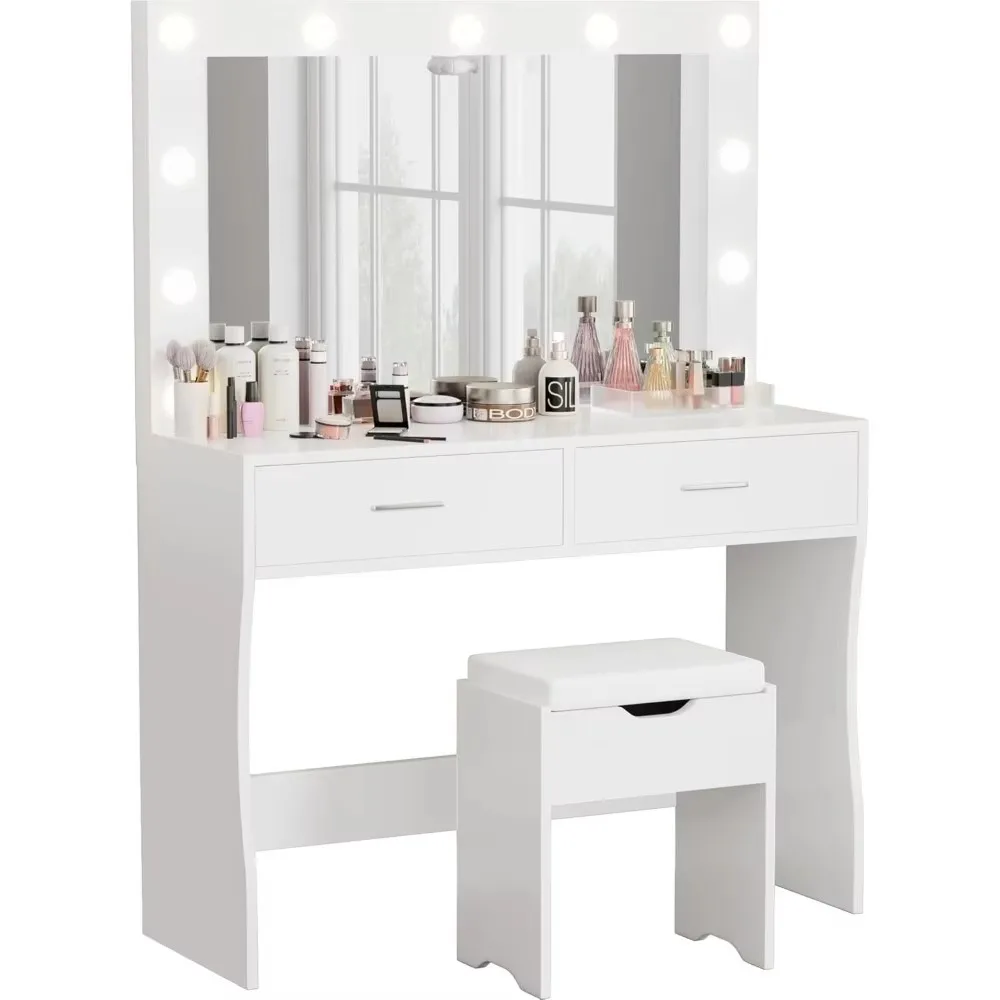 Vanity Desk Set with Large Lighted Mirror, 35.4 Inch Makeup Vanity Table with 2 Drawers, Cushioned Storage Stool, Bedroom Vanity