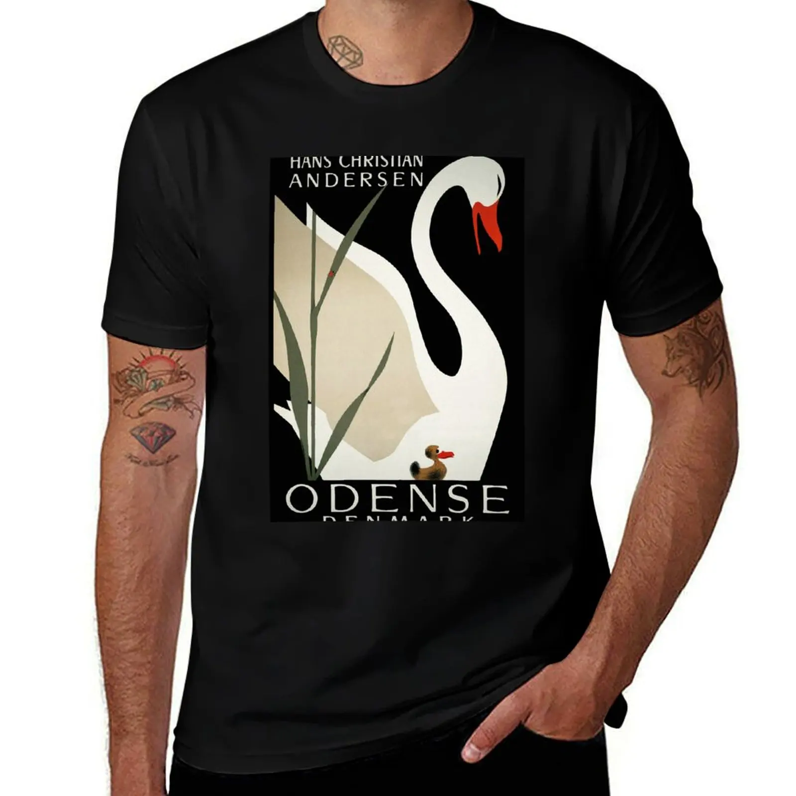 Vintage Odense Denmark white swan travel advert T-Shirt All Match Basic Short Sleeve Top T-Shirt