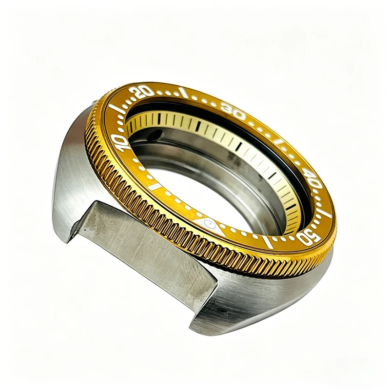 Gold Bezel 44mm Turtle Watch Cases Transparent Back Cover Fits Seiko Abalone 6105 NH36 NH35 Movements Watch Case