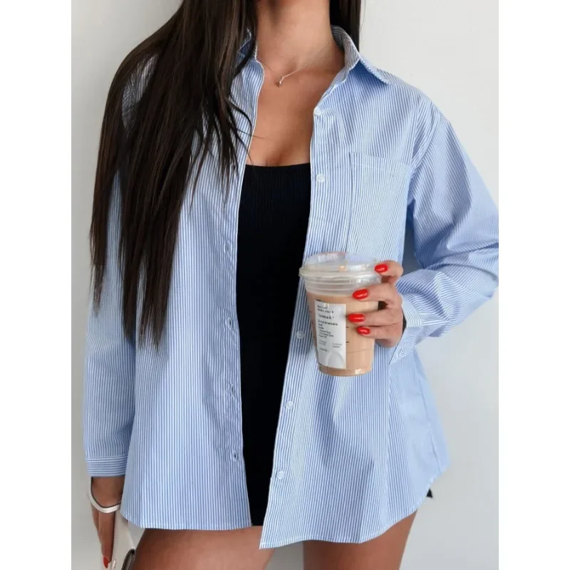 Camisa estampada a rayas para mujer, camisa informal cómoda y versátil con bolsillo y lazo, talla grande 1XL-5XL