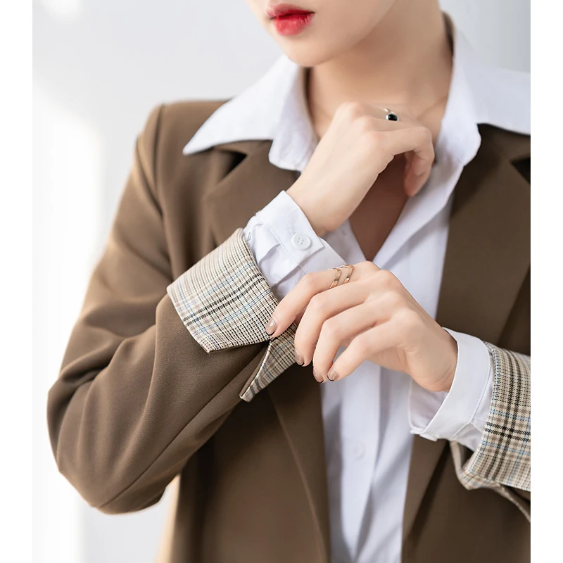 QOERLIN Stylish Brown Suit Jacket for Women Elegant Casual Blazer Long Sleeve Plaid Patchwork One Button Jacket Coat Office Lady