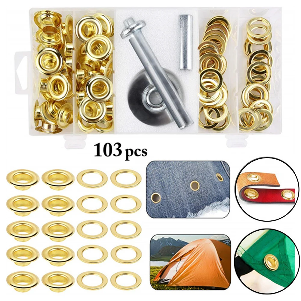 

103pcs Brass Grommets 1.2cm Metal Gas Eye Tarp Grommet Repair Installation Kit Tent Awning Canopy Brass Ring Flags Shade Accesso