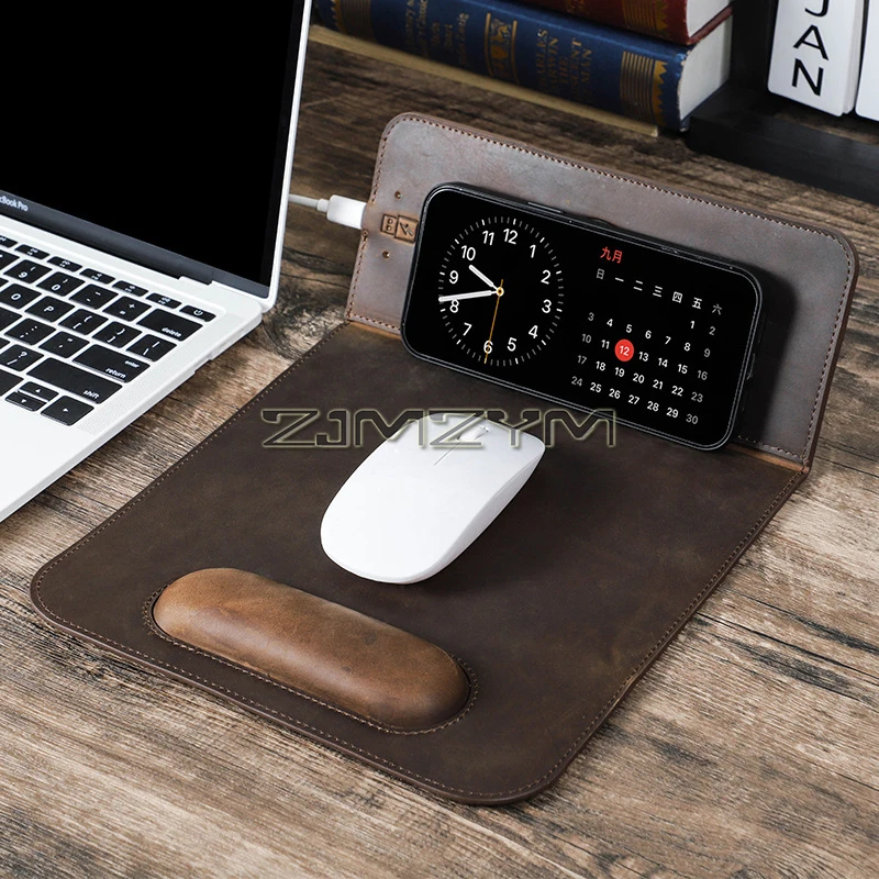 Wireless Charging Mouse Pad 15W Fast Charging with Foldable Phone Holder Gaming Mouse Pad Leather Large Computer Mousepad