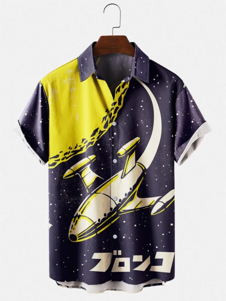 

New Casual Shirts Rocket Painting Short Sleeve Tops Cool Style Club Party Summer One Button Shirts for Men And Women