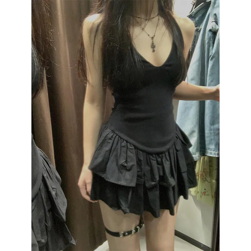 MEXZT Y2K Mini Abito Nero Donna Fashion Party Sexy Ruffles Halter Abiti Estate Gyaru Coreano Scollo a V Backless Aderente Abiti