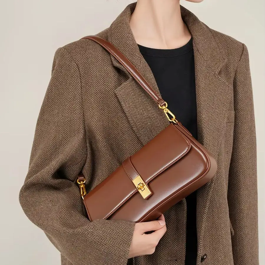 Aidrani Sleek Cowhide Shoulder Bag for Women - Compact Rectangular Purse with Gold Lock, Versatile Daily Travel Crossbody Bag