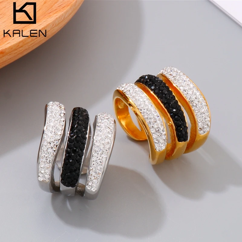 Kalen Luxury Women Ring Lines Geometry Cubic Zirconia Shiny Crystal Multi-Layered Design Jewelry For Wedding Party Dating Gift