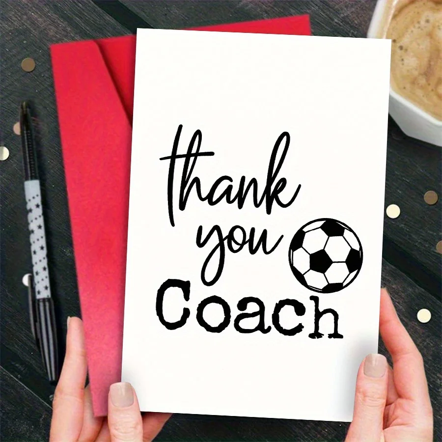 1 tarjeta de agradecimiento para entrenador de fútbol con mensaje de "Gracias, entrenador" y diseño de balón de fútbol, perfecta para regalos de cumpleaños