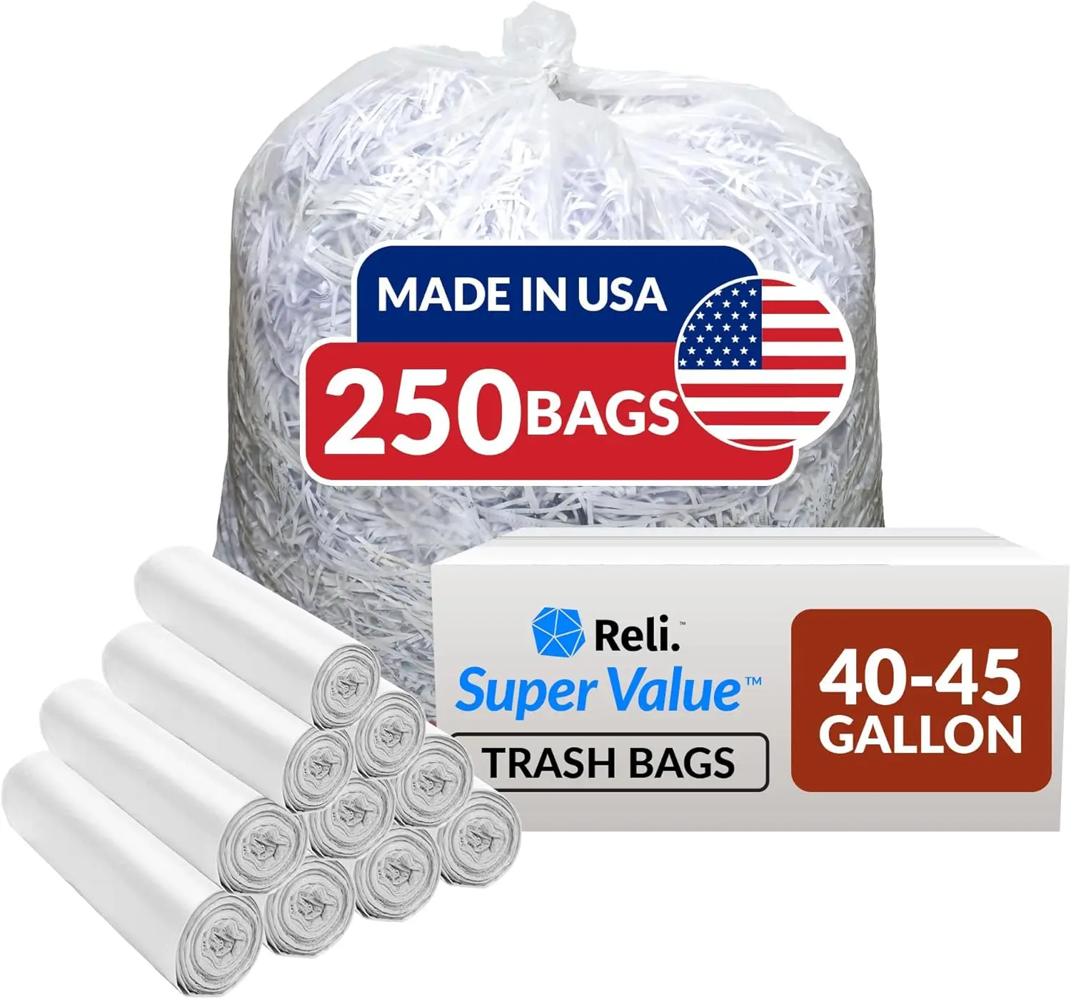 

40-45 Gallon Heavy Duty Trash Bags, 250 Count, Clear Super Size for Serious Cleanup and Waste Management