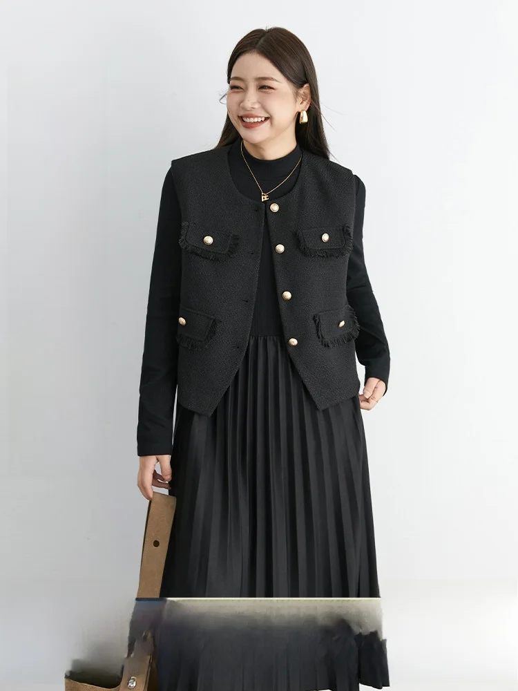 

Blue Language plus Size Women's Dr Set Small Fraance Sle Vest Pleated Base Layer Spring New Meat Covering Slimming Suit