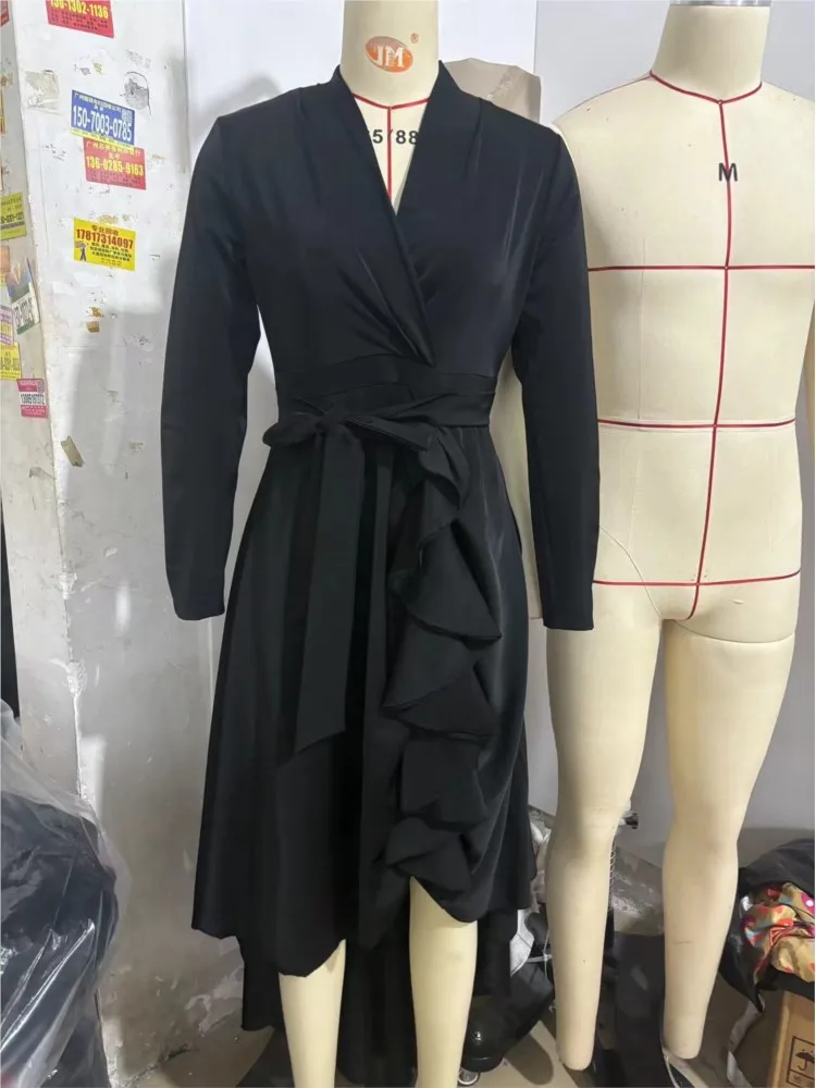 Weibliche Ausländischen Stil Solide Lange Kleid Frühling Herbst Mode V-ausschnitt Unregelmäßigen Saum Kleider Damen Hohe taille Lanyard Vestidos