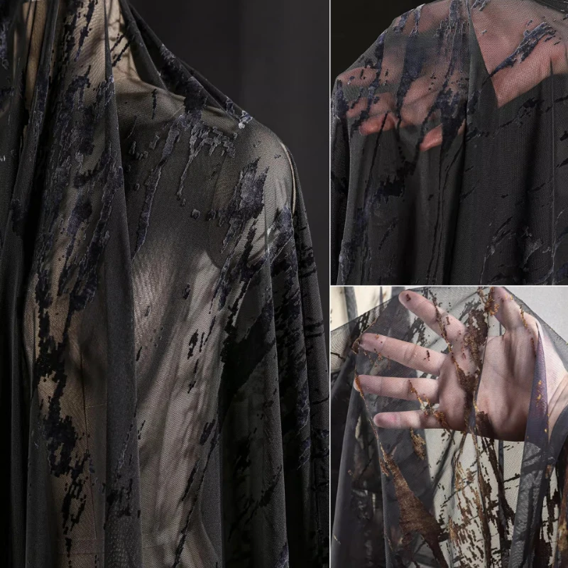 

50x140 см Молния Черный Коричневый Сетка Градиентное Кружево Темный Цветок Эластичная Трехмерная Текстура Платье Одежда Дизайнерская Ткань