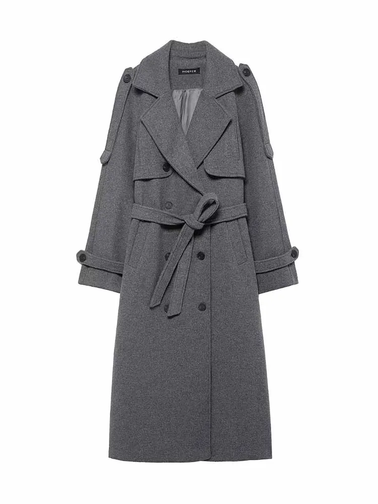 

HH Woman Winter Fashionable Long Sleeves Lapel Double Breasted Belt Decoration Long Coat Female Commuting Casual Warm Loose Coat