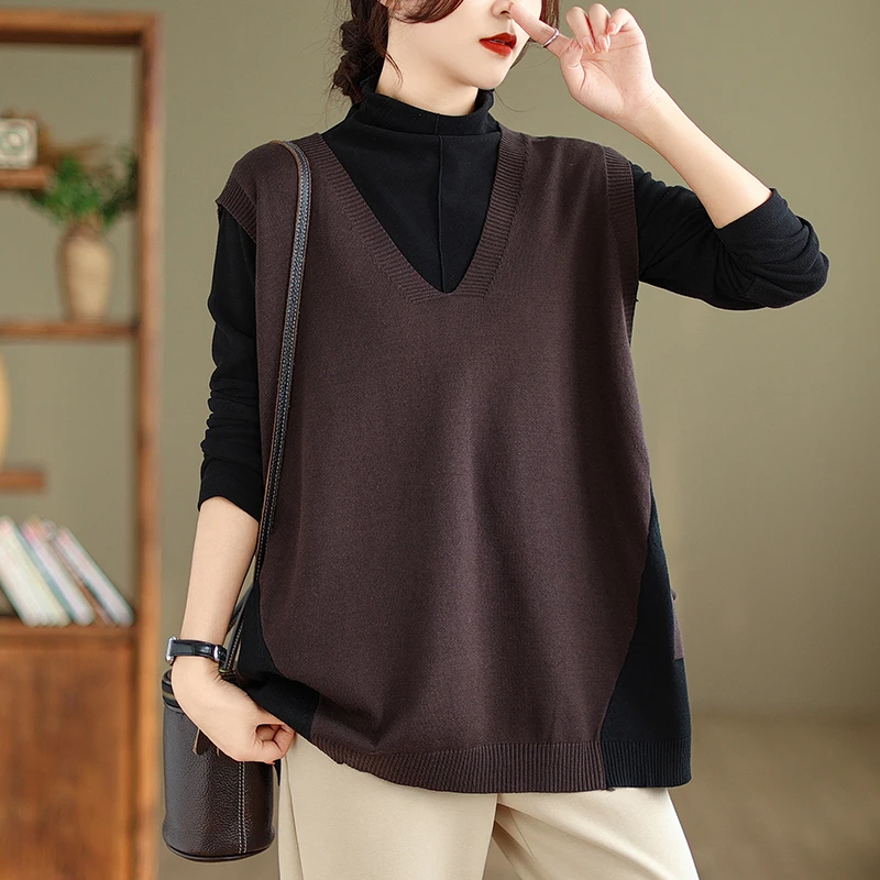 Spring Autumn Literary Vintage V Collar Coat Vest Women Loose Minimalist Fashion Korean Loose Casual Versatile Knit Pullover Top