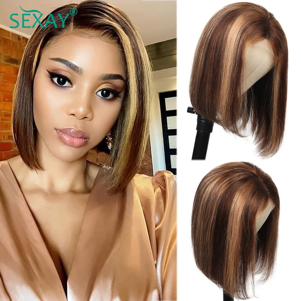 Highlight Colorful Lace Front Wigs Human Hair Piano Color 4/27 Blonde Short Bob Wigs Pre Plucked Transparent Lace Front Wig