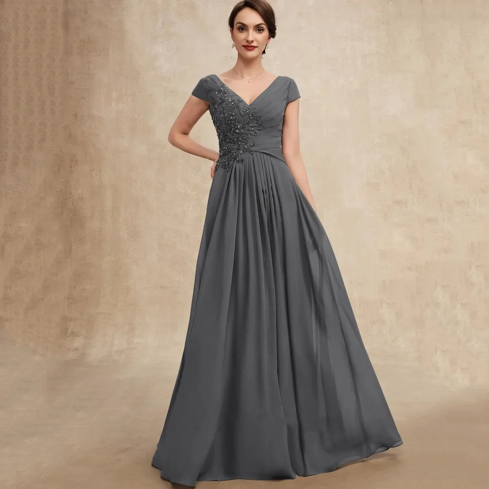 

Customized Mother of Dresses Elegant Cap Sleeves Bride Party Dress V Neck A Line Crystal Formal Gowns robes invitée mariage
