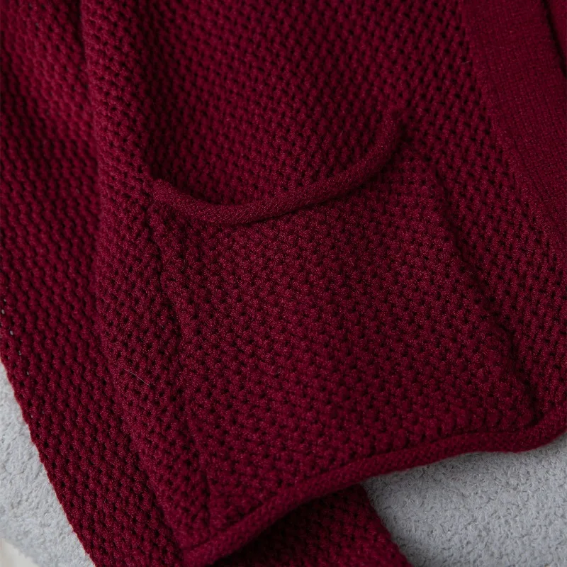 Nuovo maglione cardigan lavorato a maglia bordeaux a maniche lunghe tinta unita moda primavera autunno 2025 per donna