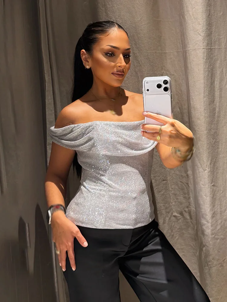 

HH Trendy Women's Summer Sexy One-Piece Collar Top Silver Diamond Decoration Women's New Fashion Sleeveless Backless Short Tops