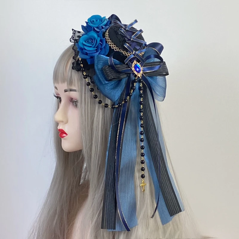 Coiffure Lolita de Style gothique, 1 pièce, nœud en dentelle Rose, petit chapeau plat élégant, couvre-chef pour fille, accessoires pour cheveux Cosplay d'halloween
