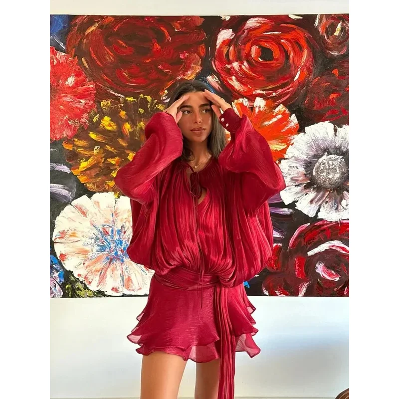 JIN Elegante Rosso Lace Up Ruffles Mini Abito da Donna O Collo Lanterna Manica Lunga Pieghettato Abiti Allentati Lady New Chic Abiti in Chiffon