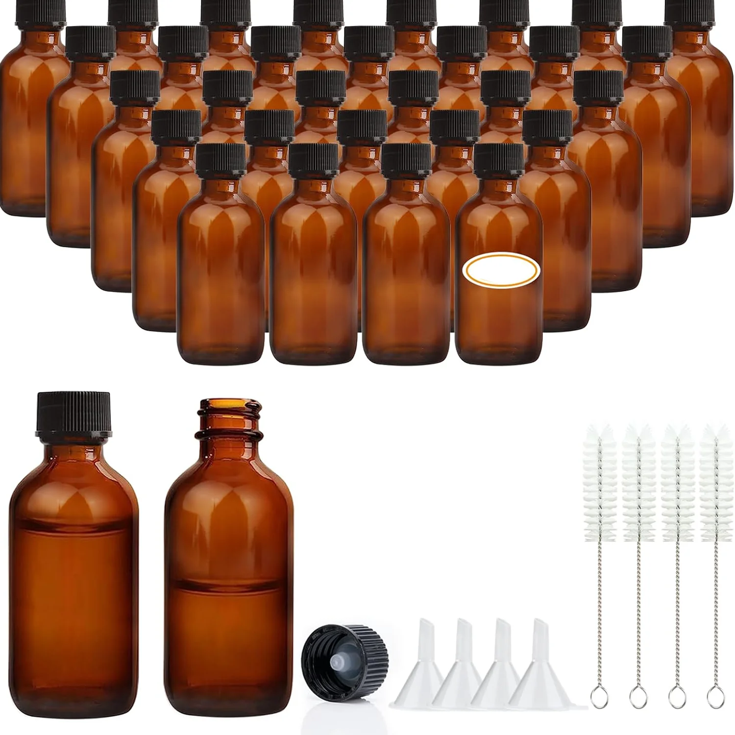 Amber Boston Round Glass Bottles  with Leak-proof Caps, Refillable Container for Vanilla Extract, Essential Oils