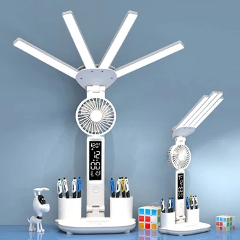 충전식 책상 램프, 4 헤드 독서 램프, 선풍기 LED 책상 램프, 시계 독서 램프, 사용 방법 배우기
