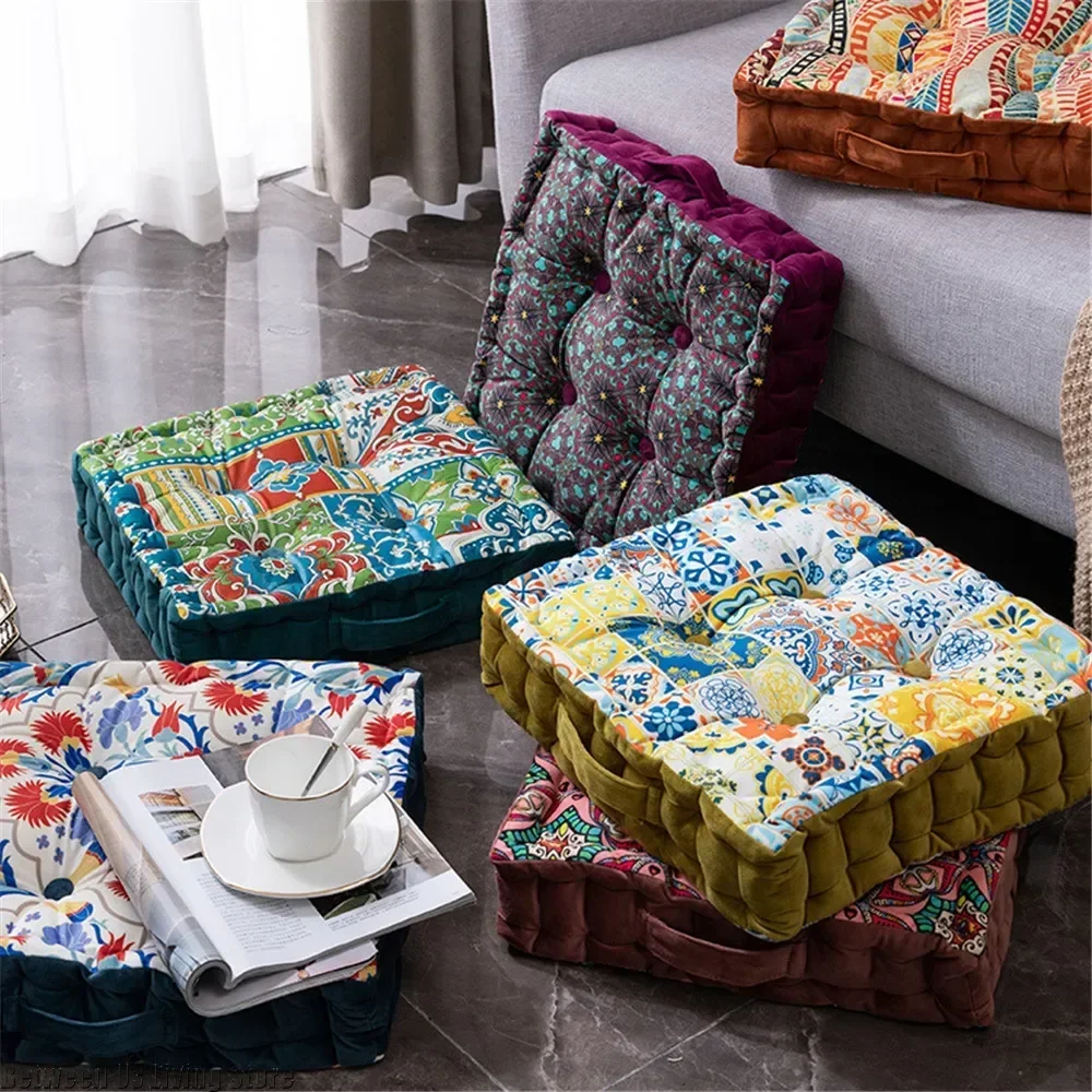 Bohemian Square Seat Cushion Mandala Velvet Floor Seat Cushion Yoga Pillow Japanese Tatami Mat for Reading Nook Party Decoration