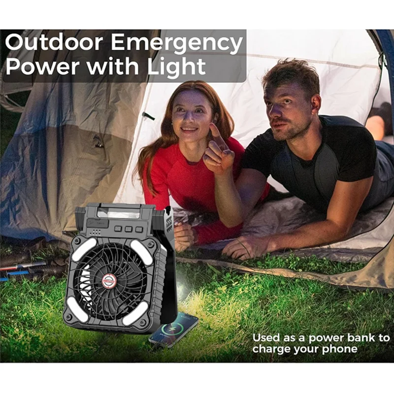 مروحة متعددة الوظائف تعمل بالطاقة الشمسية مع ضوء للتخييم - وحدة إعادة شحن محمولة - A77G