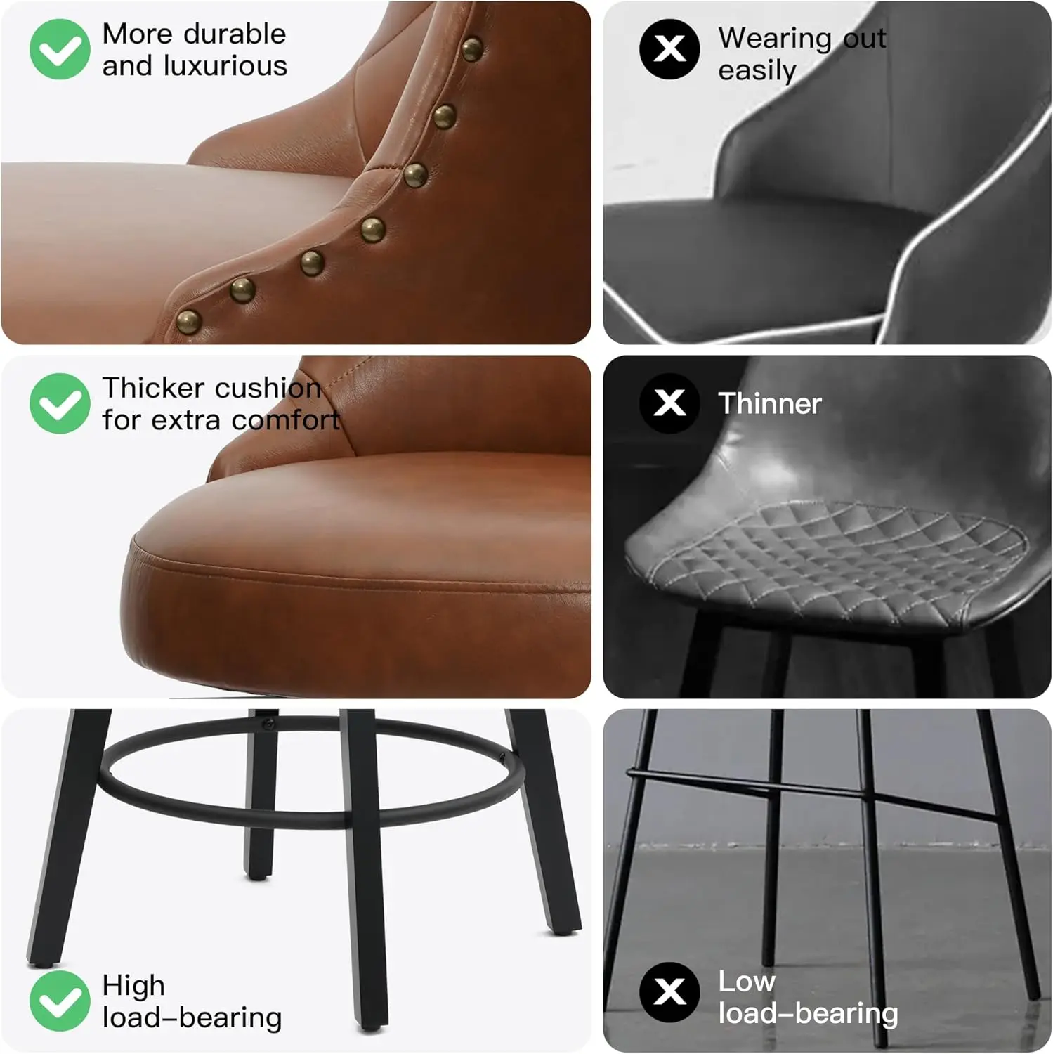 Taburetes de bar giratorios con respaldo, altura de mostrador de piel sintética de 26', juego de 2