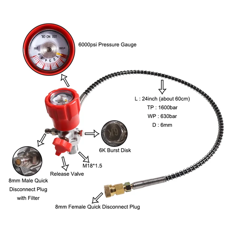 

Манометр и заполняющая станция клапана DIN для сжатого воздуха в резервуаре для CO2, высокое давление 6000 фунтов на квадратный дюйм, адаптер быстрого отключения 6 мм, черный + красный