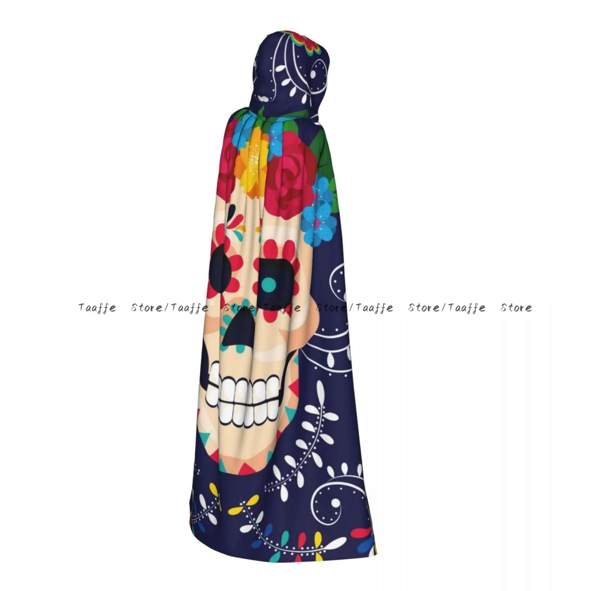 Witch Long Hooded Robe Skull Flowers Mexican Illustration Halloween Cloak Cosplay Costumes for Adult