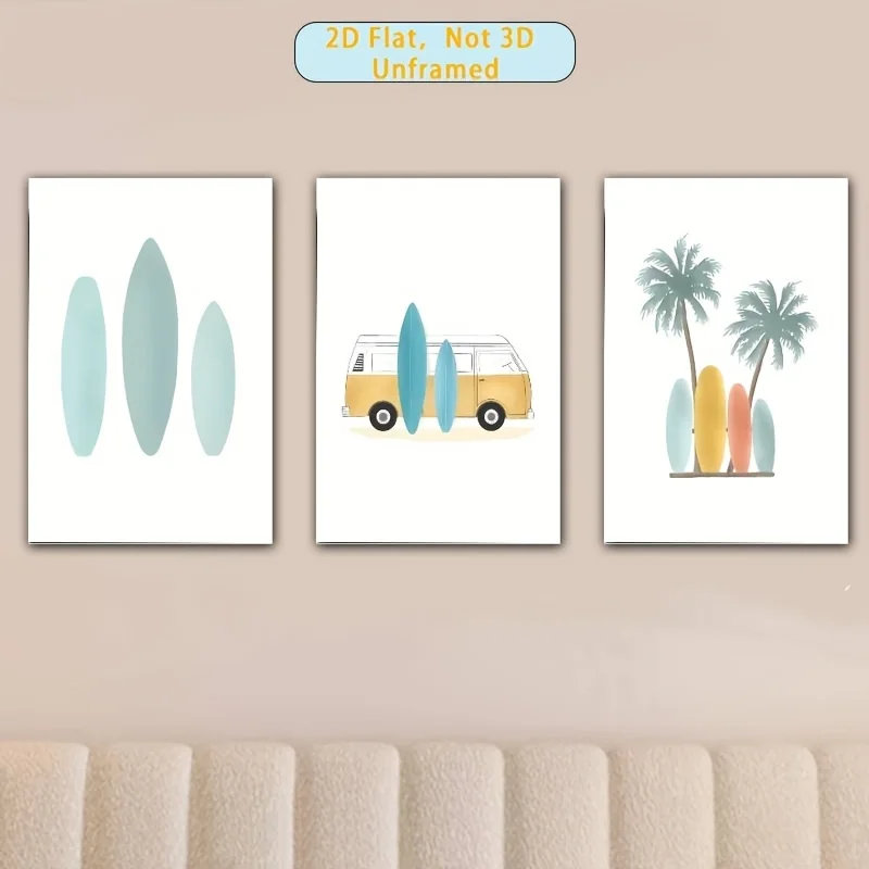 （NoFrame 3pcs）-3pcs, Frameless Poster 2D Printing, 3pcs/Set Art Prints, Elegant Home Visual Feast Minimalist, Car, Surfboard,