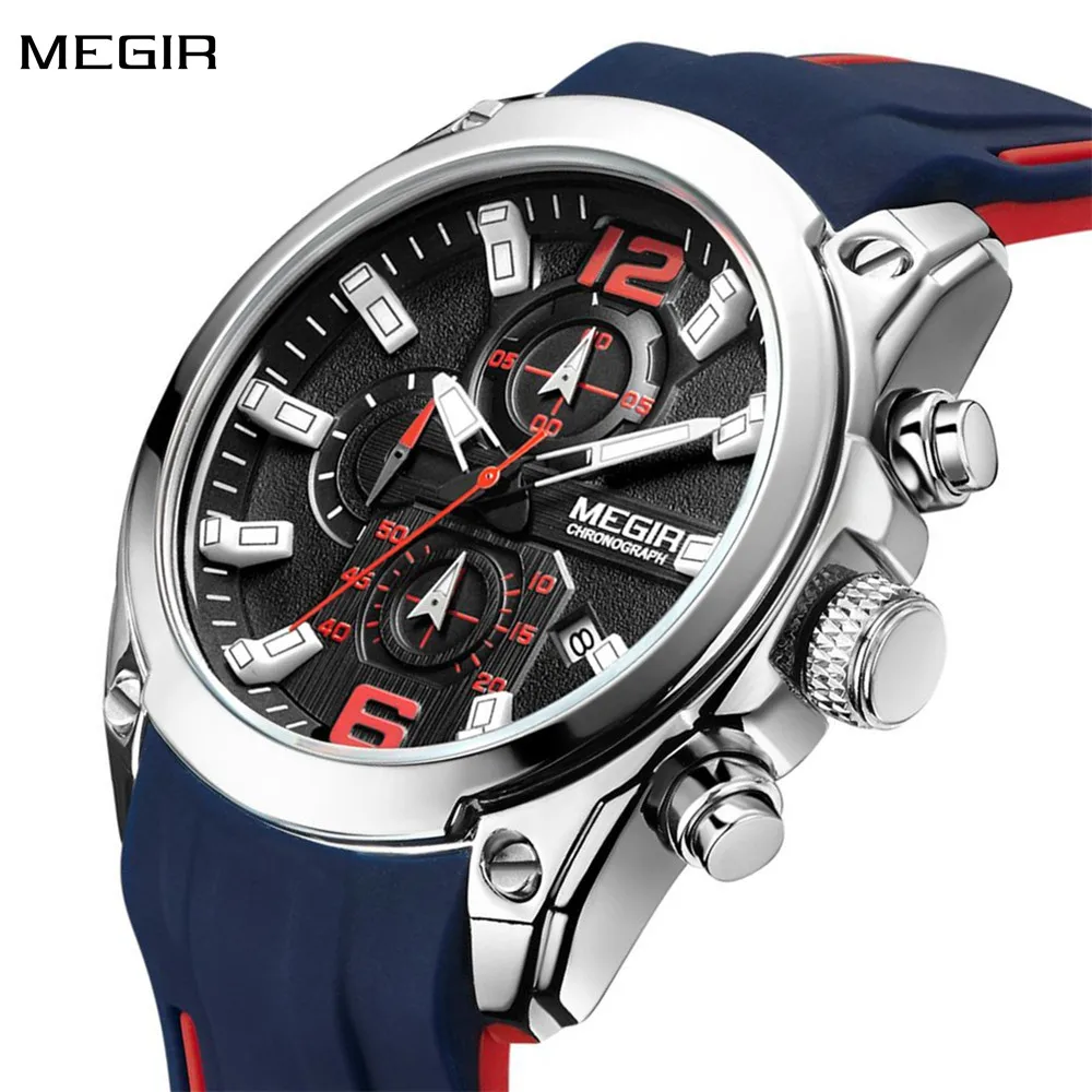 MEGIR Sport Watch Silicone Strap Chronograph Men Quartz Military Watch Waterproof Wrist Watches Relogio Masculino Man Clock 2063