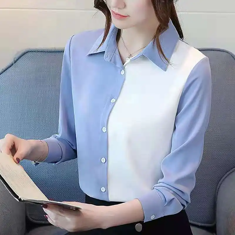 Spring and Autumn Women\'s Panel Button Loose Fit Long Sleeve Bottom Shirt Fashion Casual Commuter Elegant Tops