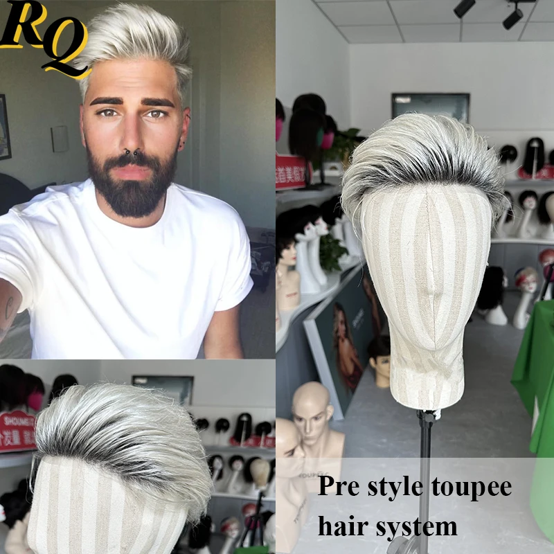 Pre Cut Hair System Men's Toupee Replacement Units Thin Skin PU Base Sliver Color Hair Wigs For Men Pre-style Hair Prosthesis